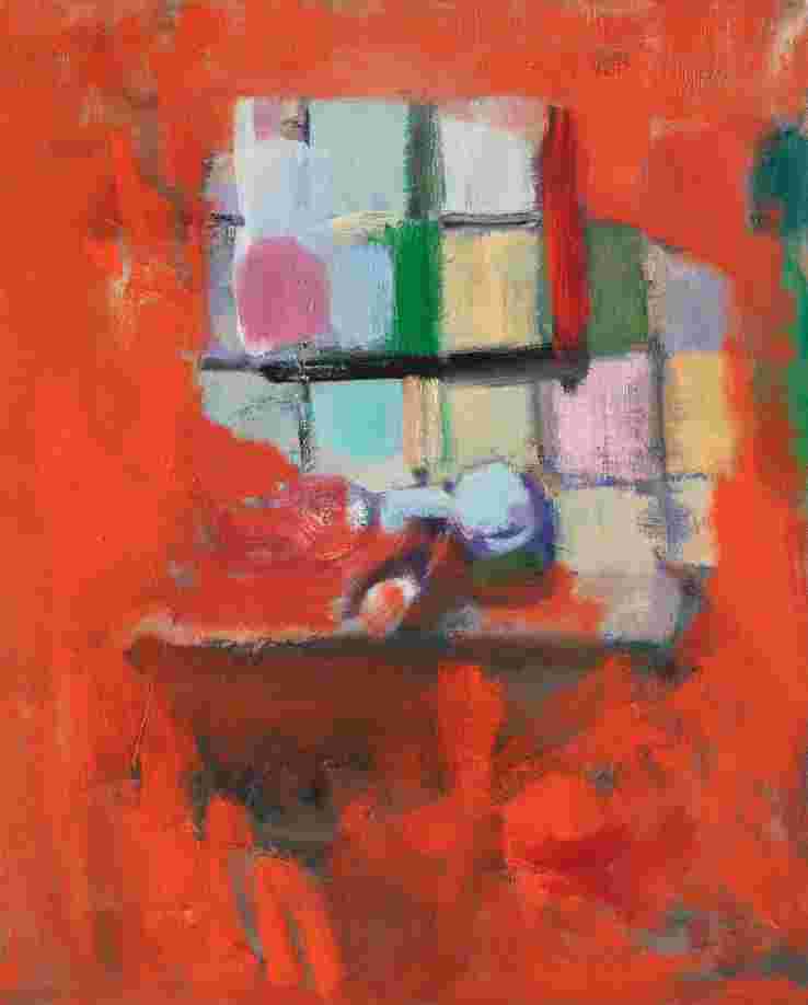 David D. - Koupelna c červené, 2021, 51x41cm, olej na plátně