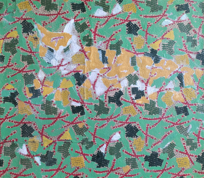 Blabolilová M. - Kočka v trávě, 2012, 43x50cm, akryl na linoleu a desce